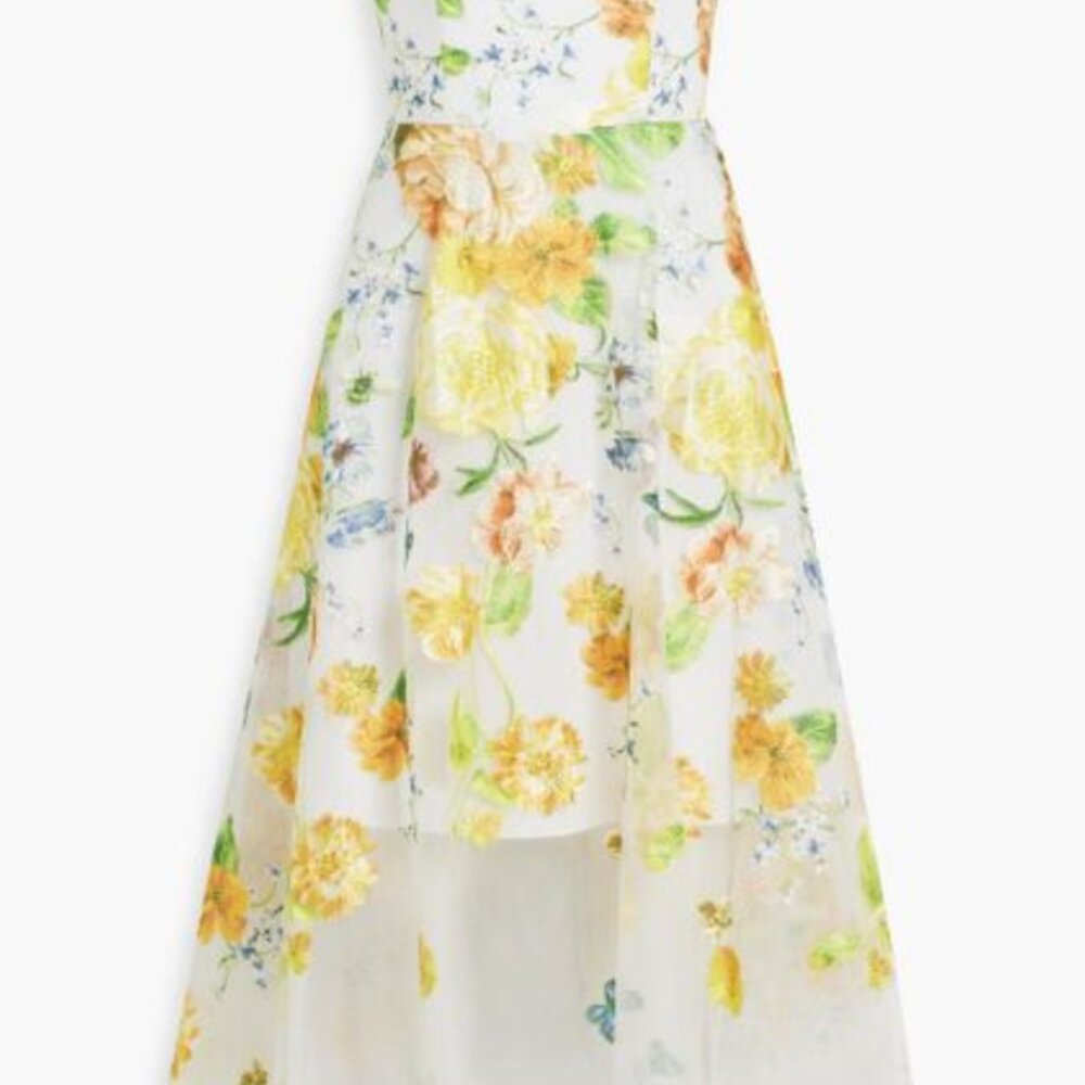 MARCHESA NOTTE Strapless embroidered tulle midi dress